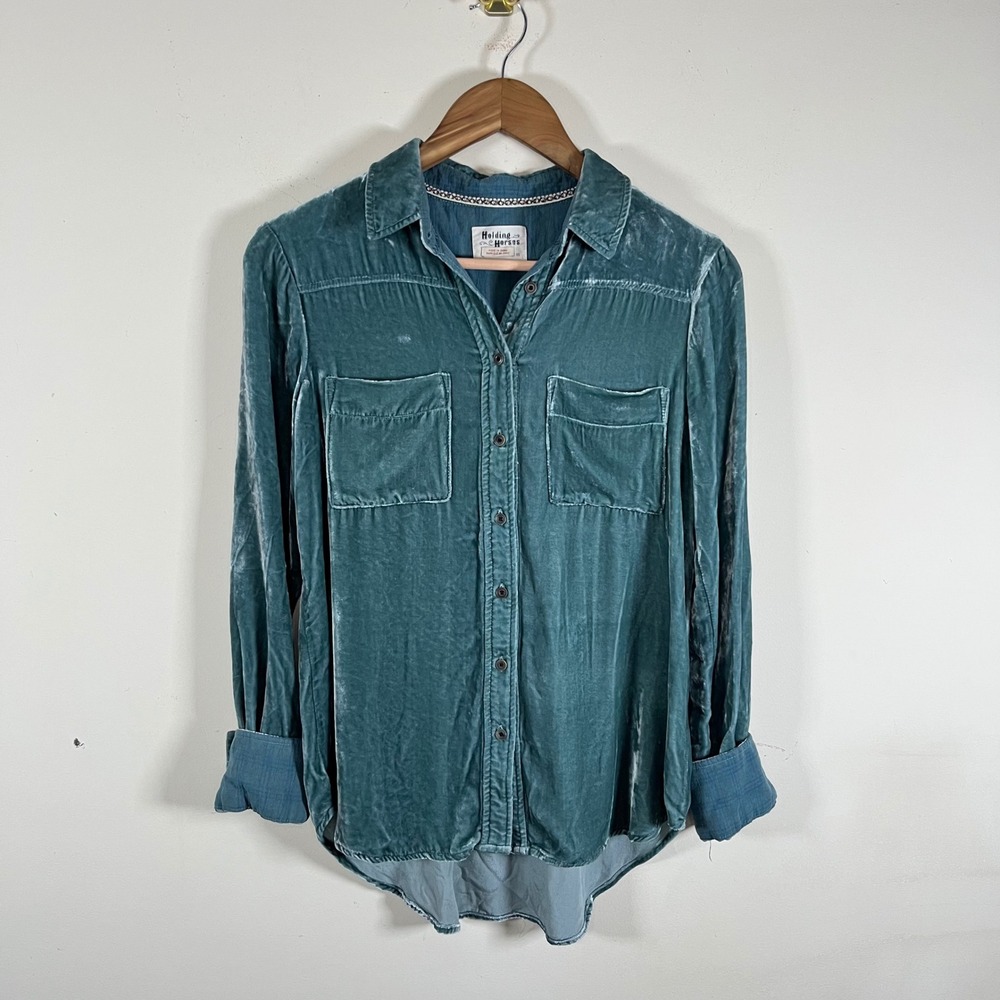 Anthropologie Holding Horses Crushed Velvet Teal Button Down Shirt Silk Blend XS